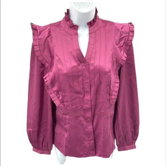Calligraphie high collar satin Victorian blush pink pleated yoke puff sleeve NEW - Picture 1 of 14